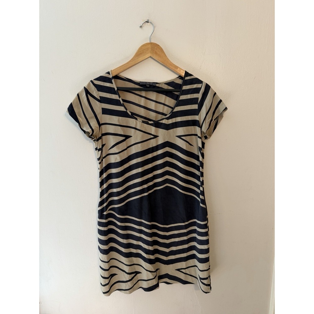 Matty M Women's Tan Black Striped Silk Mini Dress Cap Sleeves Size Small